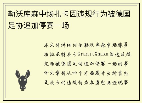 勒沃库森中场扎卡因违规行为被德国足协追加停赛一场
